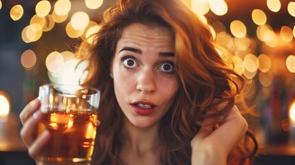 Woman surprisedly declining a drink at a party