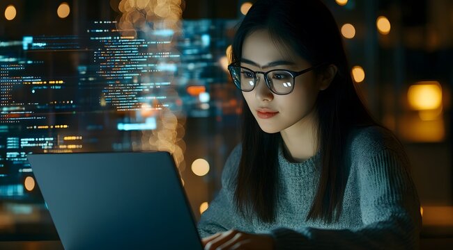 Computer programmer, software engineer typing, coding javascript on laptop computer, software development concept