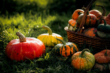 autumn decorative pumpkins. Thanksgiving or Halloween holiday  harvest concept.