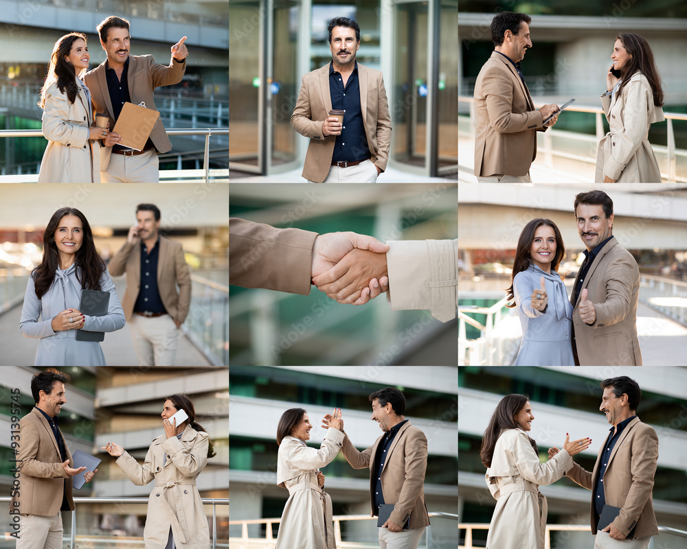 Aufkleber two business partners are engaged in various activities on a rooftop terrace, exchanging ideas and s