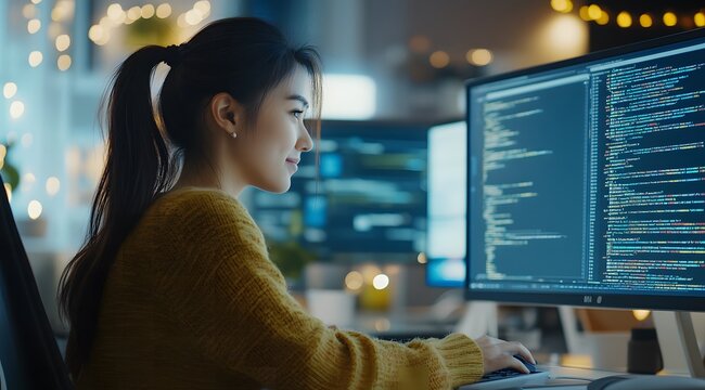 Computer programmer, software engineer typing, coding javascript on laptop computer, software development concept