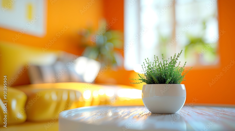 Aufkleber Closeup of bright living room with sofa and table in front of sofa against blurred background : Generative AI