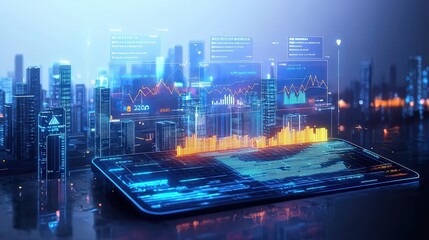 A futuristic cityscape featuring holographic graphs and charts, illustrating AI-driven real estate management in China’s construction market against an abstract blue background.
