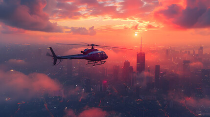 Aerial Helicopter View of Majestic City Skyline at Dramatic Sunset