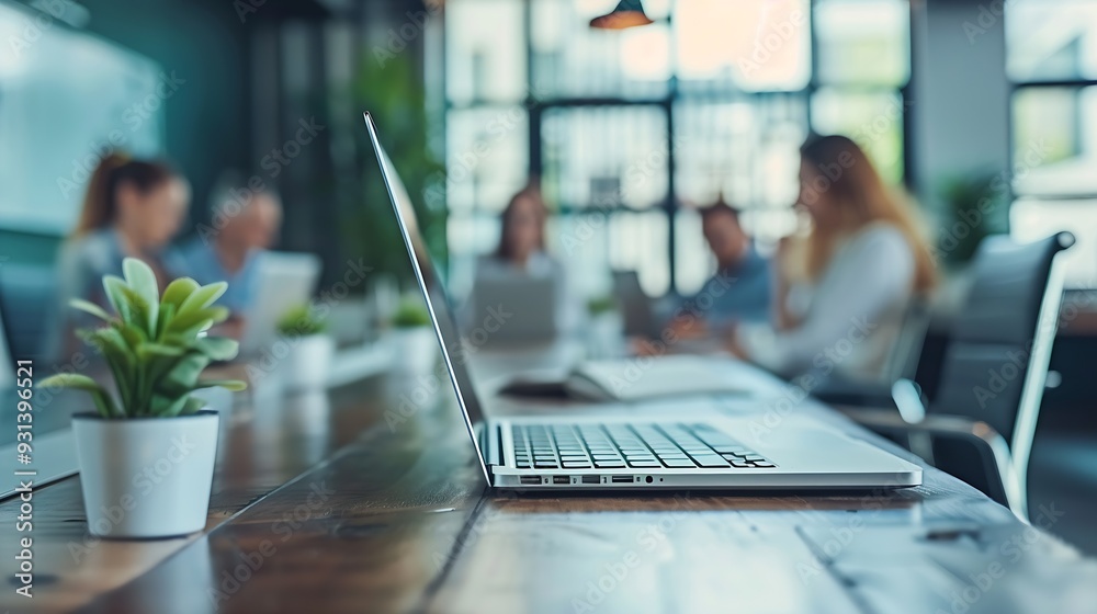 Poster Business meeting and team with laptop in boardroom brainstorming and communication for company project Employee tech and typing for minutes or agenda record collaboration and workplace : Generative AI
