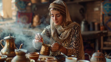Woman making traditional Turkish coffee in a cezve