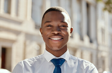 Obraz premium Black man, happy and portrait outdoor for business, confidence and professional career with ambition. Lawyer, smile and positive outside for justice, law firm and legal intern as attorney or advocate