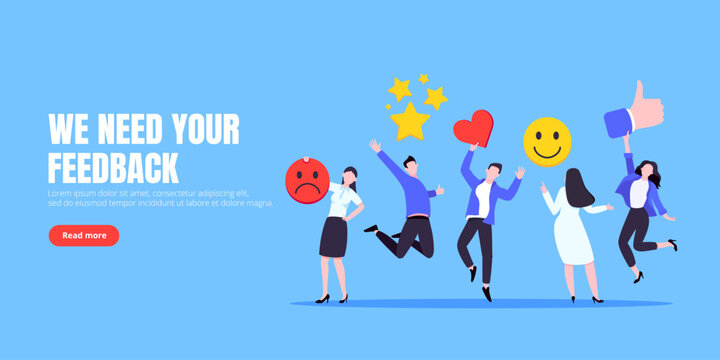 Employee feedback work satisfaction survey business concept flat vector illustration. Employee or customer feedback rating opinion with people and social icons - thumb, smile emoji, stars and heart.