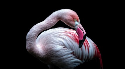 Close-up of a pink flamingo with its head bent down and its feathers ruffled, against a black background.