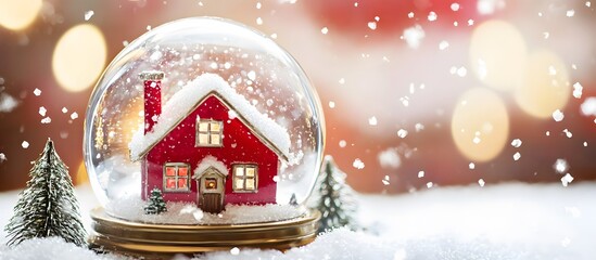 Christmas snow globe with a red house on a snowy winter background