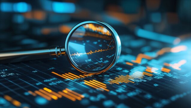 Exploring Data Insights: A Close-Up View of Financial Trends Through a Magnifying Glass on a Digital Display with Intricate Graphs and Vivid Colors