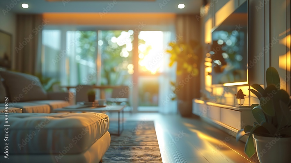 Poster blur image of living room with furniture at home with sunlight for background usage blur interior co