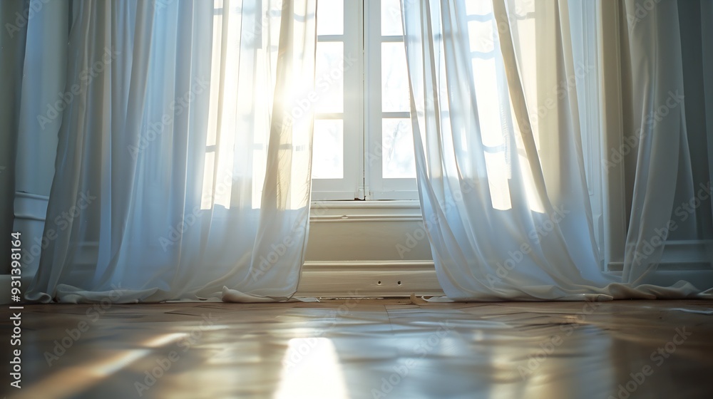 Aufkleber Backlit window with white curtains in empty room : Generative AI