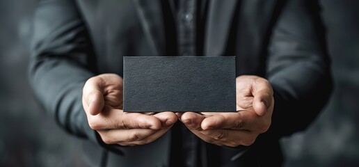 A man in a suit is holding a blank black card. It can be used for presentations, business meetings, or mockups.