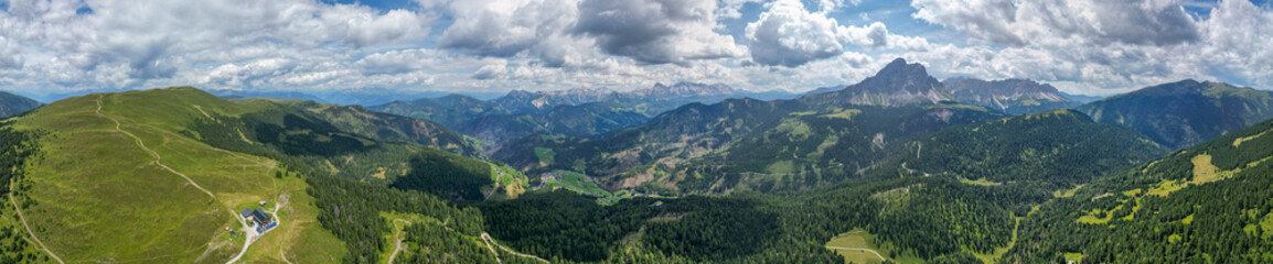 Obraz premium Sass de Putia Aerial view of the Dolomites mountain landscape in Trentino, South Tyrol in Northern Italy.