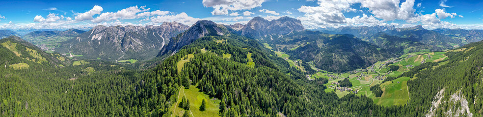 Odle and Cross Monte Croce from Crusc da Rit Aerial view of the Dolomites mountain landscape in Trentino, South Tyrol in Northern Italy.