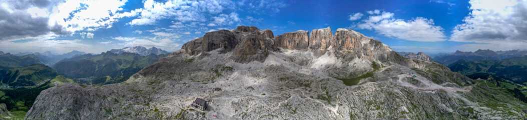 Piz Boe Aerial view of the Dolomites mountain landscape in Trentino, South Tyrol in Northern Italy.