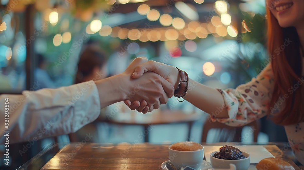 Aufkleber Business people meeting and handshake at cafe for introduction onboarding and remote work opportunity B2b worker or clients shaking hands at coffee shop of group project deal interview : Generative AI
