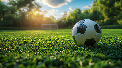 Fototapeta premium 3D rendering of a soccer ball positioned on a lush green field, goalposts in the background, symbolizing achieving business objectives.