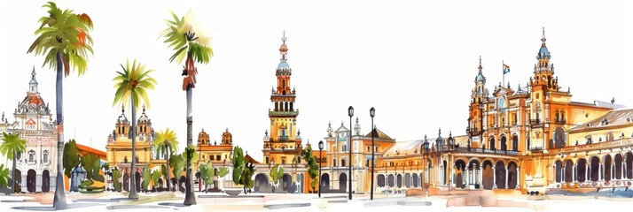 Obraz premium View of Seville, Plaza de España. Travel in Spain. Holidays in Andalusia. Horizontal banner, free space for text, watercolor illustration. Postcard from Sevilla. Tourism concept. Andalusian trip