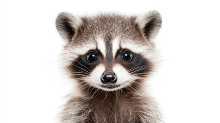 Fototapeta premium Close-up portrait of a cute baby raccoon with black eyes and black mask looking directly at the camera with a white background.