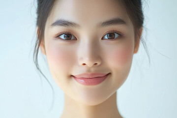 Fototapeta premium Asian woman positive smile on white background, beauty positive smile