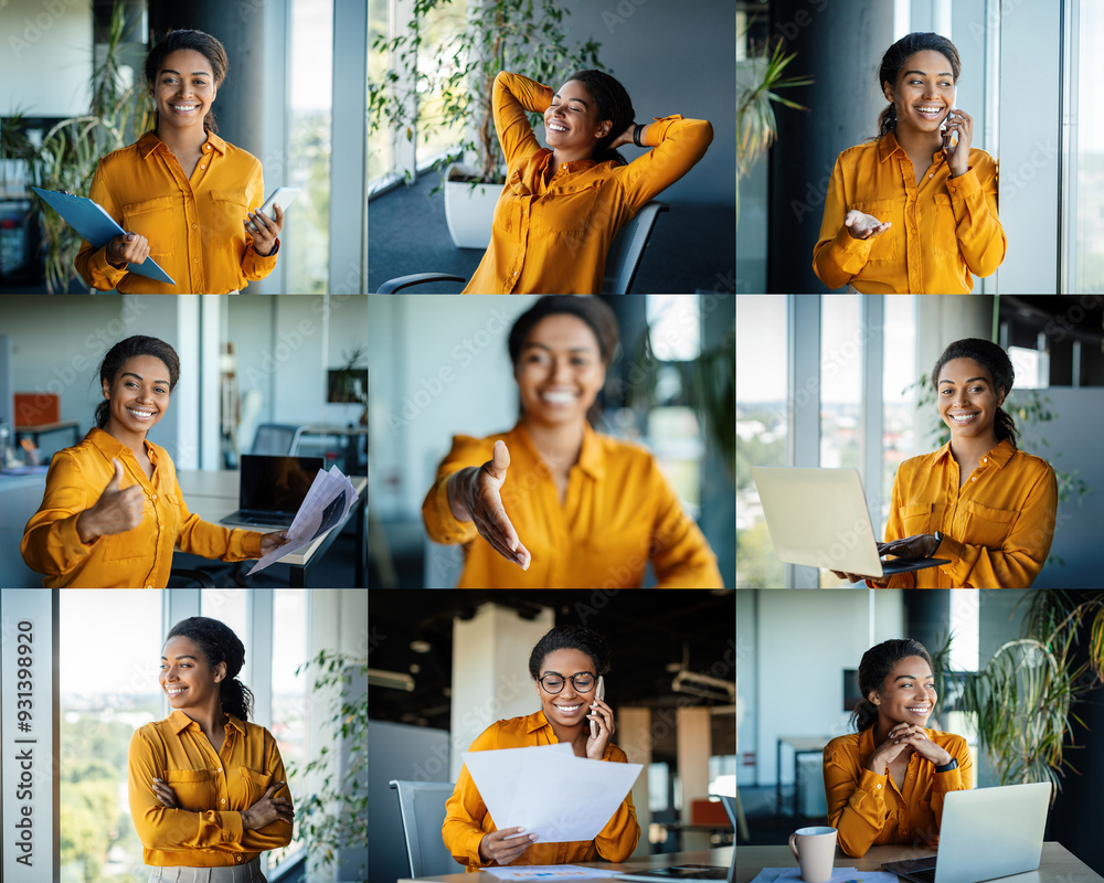Poster a professional black woman is seen actively participating in multiple tasks within a contemporary of