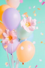 colorful flowers and  balloons, flying pastel color confetti, pastel mint background