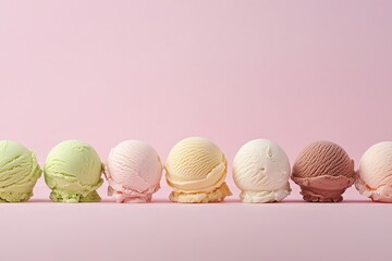 A collection of ice cream scoops with assorted flavors placed on a pastel pink backdrop, embodying a minimal summer food theme.

