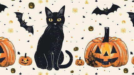 Fototapeta premium Mysterious Black Cat and Spooky Halloween Pumpkin Pattern in Gothic Style