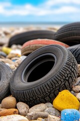 Obraz premium Colorful pebbles contrast with discarded tires along a serene beach in bright daylight