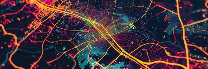 Colorful abstract lines and routes crisscross a stylized map, symbolizing connectivity and direction for logistics and navigation. Generative AI