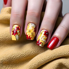 Fiery Red and Yellow Flame Nail Art on Short Coffin-Shaped Nails for a Bold and Daring Look