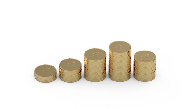 3d animation showing British Pound currency Coin growing and multiplying in clean white background with chroma key and alpha matt to remove or replace background. Money compounding concept