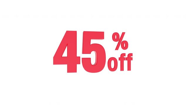 3d animation of 45% of red text of discount sale on clean white background with chroma key and alpha matt to remove or replace background