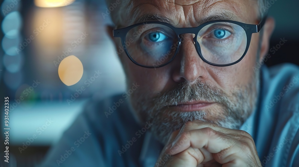 Poster mature man and computer or serious thinking planning and online vision for business review or email 