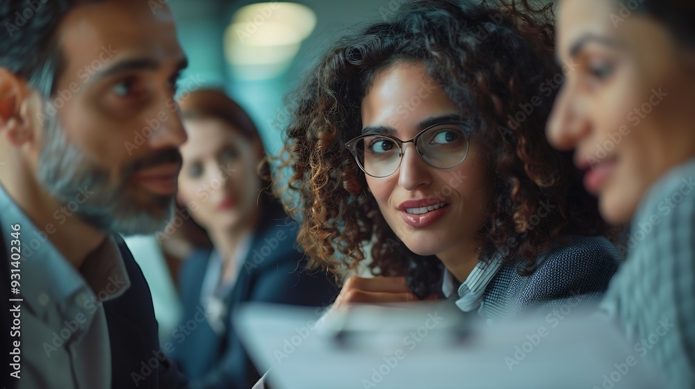 Poster Three business people huddling and discussing a document in an office Group of business professionals contributing their ideas and expertise as they collaborate on a project for their  : Generative AI