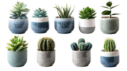 collection set of different mixed cactus and succulents types of small mini plant cutouts isolated on white background, Generative AI