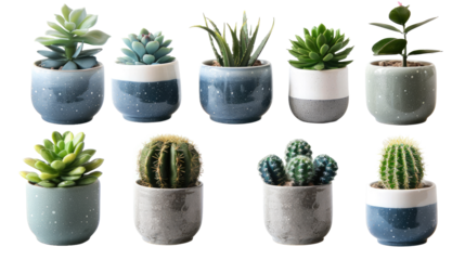 collection set of different mixed cactus and succulents types of small mini plant cutouts isolated on white background, Generative AI