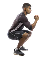 A Young man fitness sportive in sports uniform doing squat side view full length on transparency background PNG