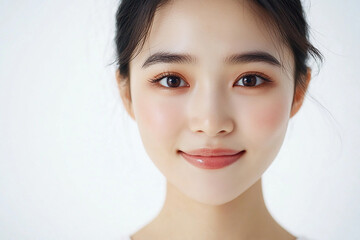 Asian woman positive smile on white background, beauty positive smile