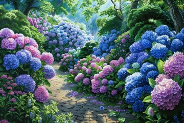A lush garden scene with a mix of hydrangeas in blue, pink, and purple, surrounded by greenery and garden paths.