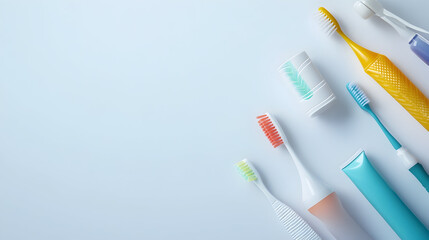 Bright Dental Hygiene Essentials on White Surface - Toothbrushes, Toothpaste Tubes, and Dental Floss for Oral Care Concept