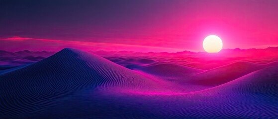 Neon-infused Synthwave desert landscape with glowing sand dunes retro sun on the horizon vibrant colors 80s-inspired atmosphere futuristic vibes cinematic style