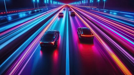 Fototapeta premium Synthwave-inspired highway with neon-lit lanes stretching into the distance futuristic cars vibrant reflections on the road retro color palette cinematic perspective