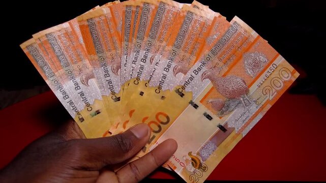 Holding spread new 200 Dalasi notes in one hand