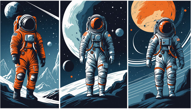 Set illustrations astronaute cosmonaute espace galaxie voyage d&eacute;couverte mars lune saturne jupiter.