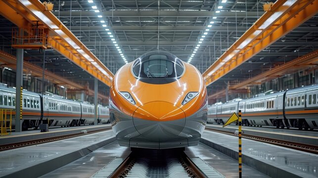 High-speed rail manufacturing facility, sleek trains,