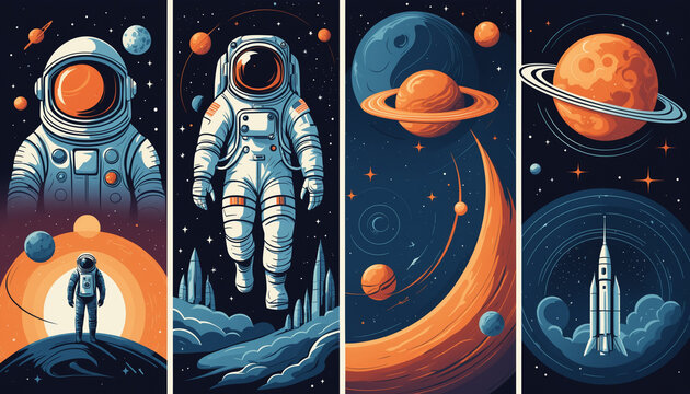 Set illustrations astronaute cosmonaute espace galaxie voyage d&eacute;couverte mars lune saturne jupiter.