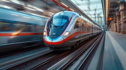 Fototapeta premium Modern High-Speed Train Moving at High Velocity Through a Train Station